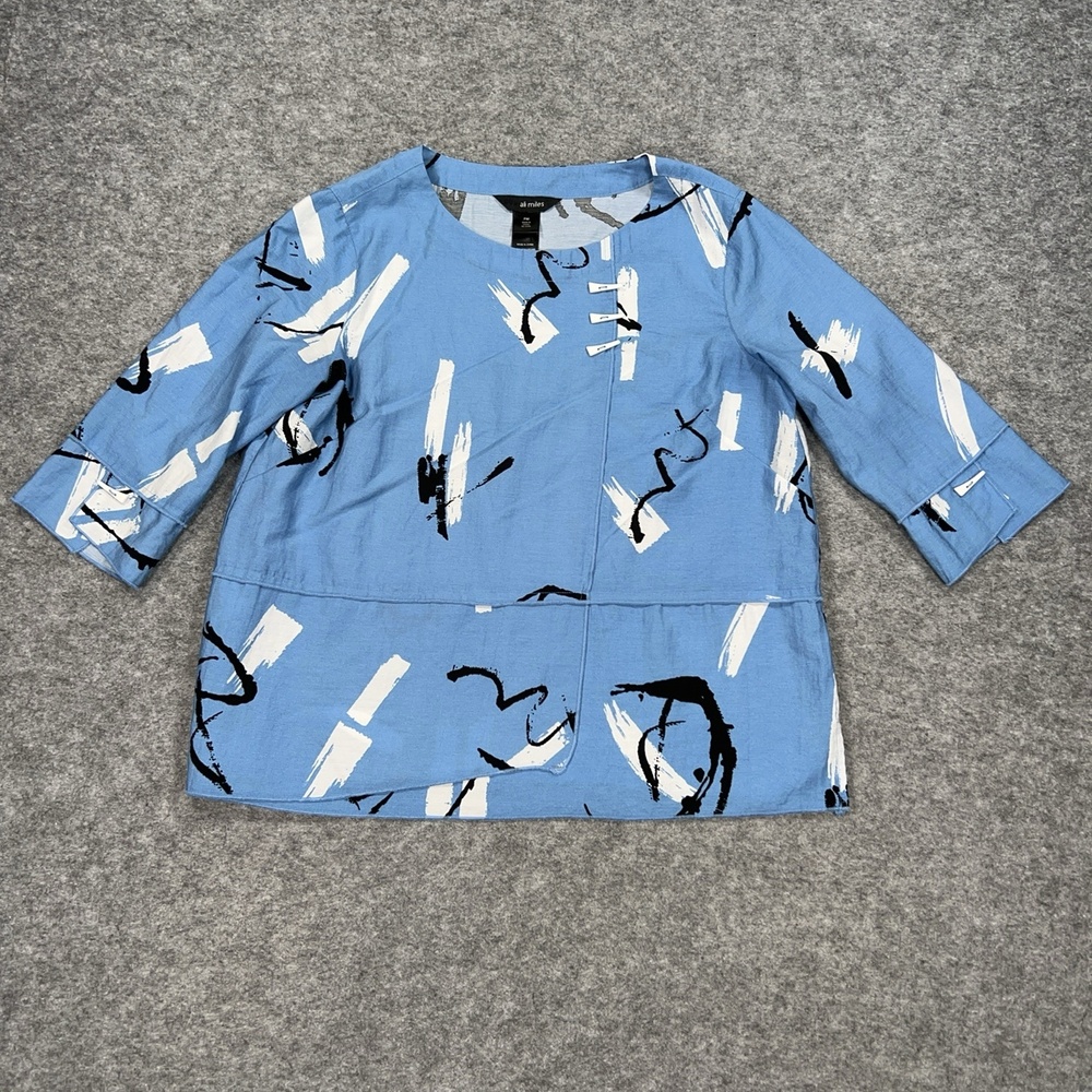 Ali Miles Tunic Blouse Womens M Blue Geometric Rayon Nylon 3/4 Sleeve Relaxed